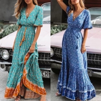 Bohemia Style Floral Printed V-neck Short Sleeve Drawstring Maxi Dress