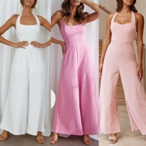 Sexy Solid Color Backless Wide-leg Halter Jumpsuit