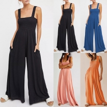 Casual Solid Color Smocked Wide-leg Cami Jumpsuit
