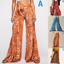 Fashion Floral Printed Self-tie Wide-leg Pants