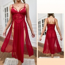 Sexy See-through Lace Spliced High Slit Nightwear Dress