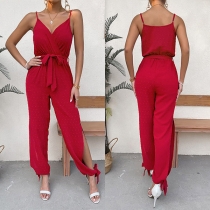 Fashion Solid Color V-neck Self-tie Slit Cami Jumpsuit
