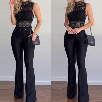 Fashion Lace Spliced Mock Neck Sleeveless Wide-leg Jumpsuit with Belt