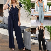 Fashion Solid Color V-neck Self-tie Wide-leg Jumpsuit