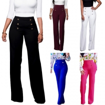 Fashion Solid Color High Waist Double Breast Wide-leg Pants