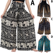 Bohemia Style Printed Self-tie High Waist Wide-leg Pants