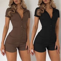 Fashion Solid Color Short Sleeve Polo Neck Buttoned Ribbed Romper