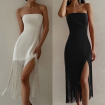 Sexy Solid Color Strapless Tassel Strapless Party Dress