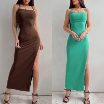 Sexy Solid Color Cross-criss High Slit Halter Bodycon Dress