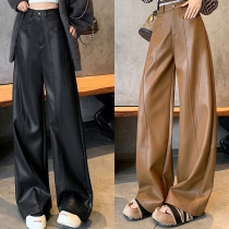 Fashion Solid Color High Waist Patch Pocket Artificial Leather PU Pants