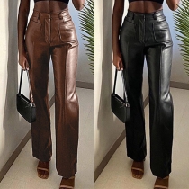 Fashion Solid Color High Waist Patch Pocket Artificial Leather PU Pants