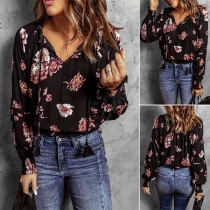 Fashion Floral Printed V-neck Long Sleeve Shirt