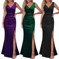 Elegant Solid Color Sleeveless V-neck Ruched Slit Bodycon Party Dress