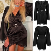 Fashion Solid Color V-neck Long Sleeve Lace Spliced Irregular Hemline Satin Dress with Belt