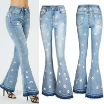 Fashion Old Washed Daisy Embroidery Wide-leg Denim Jeans