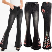 Vintage Floral Embroidery Wide-leg Denim Jeans