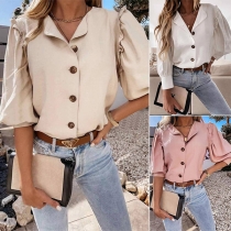 Casual Solid Color Ruffle Elbow Sleeve Buttoned V-neck Shirt