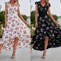 Fashion Floral Printed Lace Spliced V-neck High-low Hemline Dress（Size Run Small）