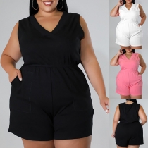 Casual Solid Color V-neck Sleeveless Oversize Plus-size Romper