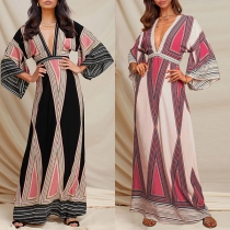 Bohemia Style Floral Printed Trumpt Sleeve Plung V-neck Long Dress