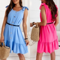 Casual Solid Color Button Self-tie Round Neck Sleeveless Tiered Dress