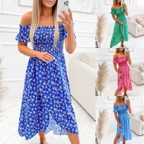 Fashion Smocked Off-the-shoulder Short Sleeve Slit Floral Printed Dress