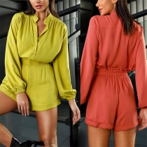 Fashion Solid Color Two-piece Set Consist of Long Sleeve Blouse and Shorts
