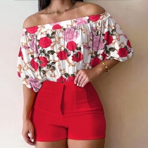 Fashion Two-piece Set consist of Batwing Sleeve Bodysuit and Floral Printed Shorts