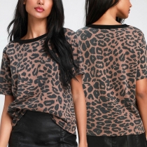 Fashion Leopard Printed Round Neck Short Sleeve Shirt