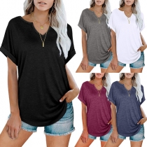 Casual Solid Color V-neck Short Sleeve Shirt