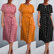Fashion Polka-dot Printed Short Sleeve Buttoned Self-tie Dress