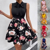 Fashion Contrast Color Floral Printed Self-tie Bowknot Round Neck Dress