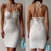 Fashion Solid Color Ruffled Buttoned Lace-up Halter Bodycon Dress