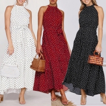 Fashion Polka-dot Printed Self-tie Halter Dress