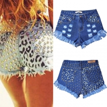 Punk Fashion Rivet Leopard Print Frayed Hot shorts