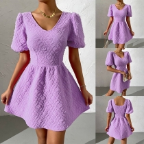 Fashion Puff Short Sleeve V-NECK Purple Fit & Flare Dress