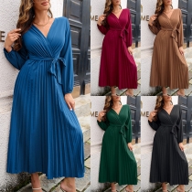 Fashion Solid Color Long Sleeve V-neck Self-tie Pleated Dress