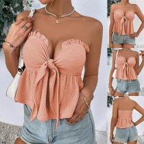 Sexy Solid Color Self-tie Ruffled Sweetheart Strapless Crop Top