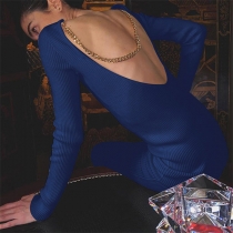 Sexy Solid Color Backless Chain Long Sleeve Bodycon Dress