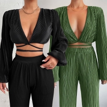 Fashion Long Sleeve V-neck Self-tie Cross-criss Crop Top