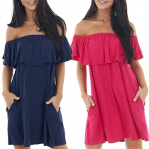 Casual Solid Color Off-the-shoulder Ruffle Mini Dress