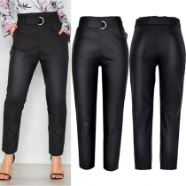 Fashion Artificial Leather PU High-wait Pants with Belt