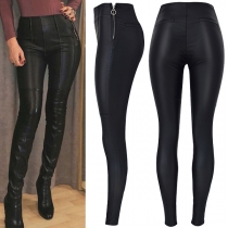 Fashion Solid Color High-rise Artificial Leather PU Slim Fit Pants