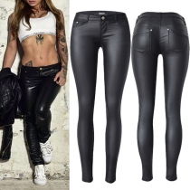 Fashion Solid Color Low-rise Artificial Leather PU Slim Fit Pants