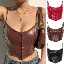 Punk Style Low-cut Artifical Leather PU Corset Style Crop Top