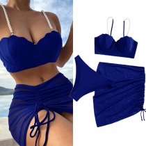 Fashion Three-piece Swimsuit Consist of Shell Shaped Swim Top with Bead, Low-rise Swimming Bottom and Drawstring Ruched Swim Cover-up Skirt