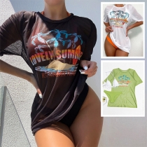 Hawaii Style Printed Three-piece Swimsuit consist of Printed Swim Cover-up Shirt, Halter Bikini Top and Low-rise Bikini Bottoms