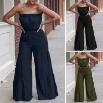 Sexy Solid Color Off-the-shoulder Wide-leg Cotton and Linen Jumpsuit