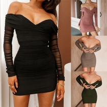 Sexy Off-the-shoulder Sweetheart Gauze Spliced Long Sleeve Ruched Bodycon Dress