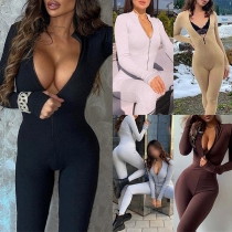 Sexy Solid Color Long Sleeve Zipper Slim Fit Jumpsuit